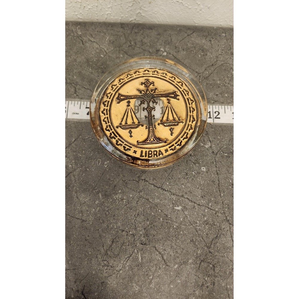 Libra Zodiac Glass Paperweight Gold Tone Scales Round Astrology Decor Museum
